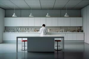 científico trabajando a de alta tecnología laboratorio con minimalista blanco ambiente foto