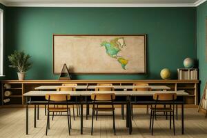 foto salón de clases interior con colegio escritorios sillas y verde tablero vacío colegio salón de clases