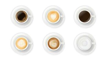 Top view at different white coffee cups on plates. Realistic vector illustration of various hot coffee drinks mugs - espresso, latte, cappuccino, americano. 3d caffeine beverage elements for cafe menu