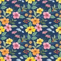 Beautiful yellow, pink, orange flowers with green leaf on dark blue seamless pattern. vector