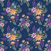 Cute colorful flowers on dark blue color seamless pattern. vector