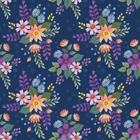 Cute colorful flowers on dark blue color seamless pattern. vector