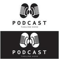 podcast logo with microphone and earphone audio, radio waves. for studio, talk show, chat, information sharing, interview, multimedia and web. vector