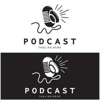 podcast logo with microphone and earphone audio, radio waves. for studio, talk show, chat, information sharing, interview, multimedia and web. vector