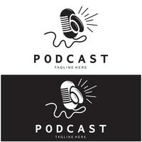 podcast logo with microphone and earphone audio, radio waves. for studio, talk show, chat, information sharing, interview, multimedia and web. vector