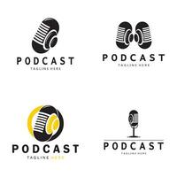 podcast logo with microphone and earphone audio, radio waves. for studio, talk show, chat, information sharing, interview, multimedia and web. vector