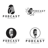 podcast logo with microphone and earphone audio, radio waves. for studio, talk show, chat, information sharing, interview, multimedia and web. vector