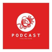podcast logo with microphone and earphone audio, radio waves. for studio, talk show, chat, information sharing, interview, multimedia and web. vector