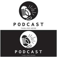 podcast logo with microphone and earphone audio, radio waves. for studio, talk show, chat, information sharing, interview, multimedia and web. vector