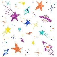 Cute Confetti Star Galaxy Space Night Sky Meteor Shooting Star Planet Saturn Rocket. Sprinkle Sparkle Shine. Doodle Scribble Sketch Brush Pen Ink. Abstract Color Seamless Pattern White Background. vector