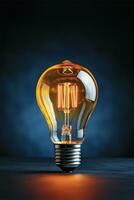 Yellow lightbulb on a blue background realistic view photo