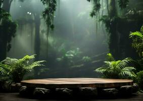 Product podium with a blurred monsoon forest background photo