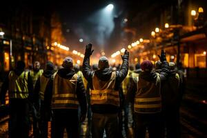 construcciones trabajadores caminando en el calle celebrando foto