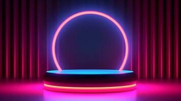 AI Generated. Podium stage for product presentation. Stage with neon spotlight. photo