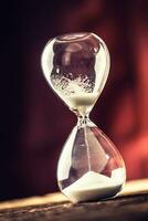 Modern hourglass in running time on wooden table photo