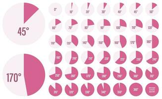 Set of angle measurement charts for a circle, pie diagrams infographic collection in pink color vector