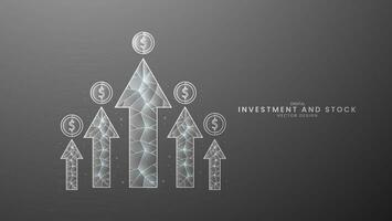 Up arrow and coin growth stock chart, Investing business graph. Low poly style vector illustration