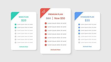 fijación de precios mesa paquetes comparación infografía modelo diseño con 3 suscripción planes vector