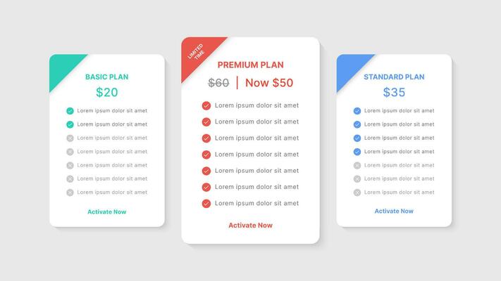 Pricing Table Packages Comparison Infographic Template Design with 3 Subscription Plans