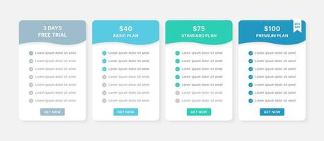 Pricing Table Packages Comparison Infographic Template Design with 4 Subscription Plans vector