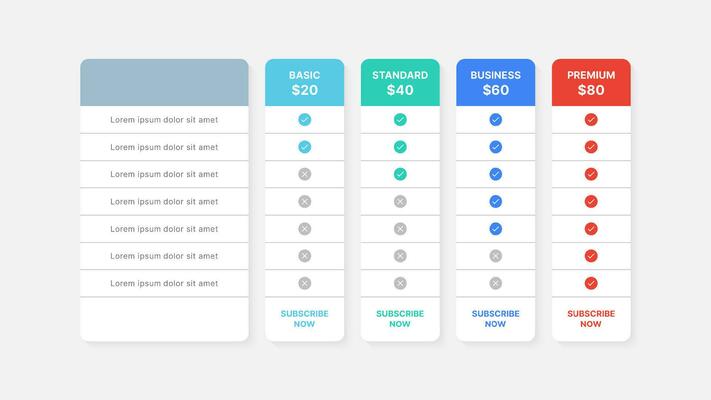 Pricing Table Packages Comparison Infographic Template Design with 4 Subscription Plans