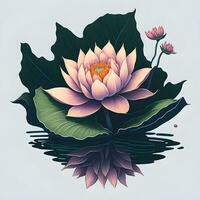 Beautiful pink lotus flower with green leaves ai generative illustration. photo