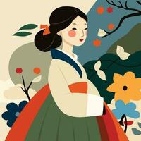 korean girl in traditional hanbok dress vector