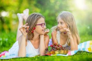 dos linda hermanas o amigos en un picnic jardín mentira en un cubierta y comer recién escogido cerezas. foto