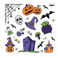 Happy Halloween set with death,  skull,  pumpkin, grave, web isolated on white background in a doodle style. Vector illustration