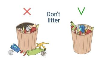 Do not litter. Throw trash in the rubbish bin. Rubbish bin with garbage inside, rubbish bin with garbage all around. Right and wrong behavior. Vector. For Pointers, signs, educational books vector