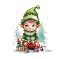 Christmas Watercolor Character. Elf, Santa and Deer png