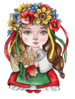 Watercolor hand drawn girl gnome in national ukrainian costume. png