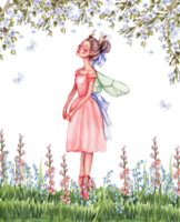 Composition with cartoon fairy with magic wings, flowers and butterflies. png