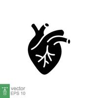 Human heart icon. Simple solid style. Internal organ, real, cardiology, cardiac anatomy, medical concept. Black silhouette, glyph symbol. Vector illustration isolated on white background. EPS 10.