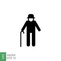 Old man icon. Simple solid style. Person with cane, stick, elder age, grandfather, senior people concept. Black silhouette, glyph symbol. Vector illustration isolated on white background. EPS 10.