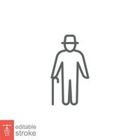 Old man icon. Simple outline style. Person with cane, stick, elder age, grandfather, senior people concept. Thin line symbol. Vector illustration isolated on white background. Editable stroke EPS 10.
