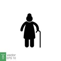 Old woman icon. Simple solid style. Person with cane, stick, elder age, lady, granny, senior people concept. Black silhouette, glyph symbol. Vector illustration isolated on white background. EPS 10.