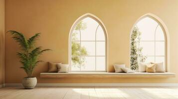 Empty interior room 3d illustration with pillow,plant, wall and window photo