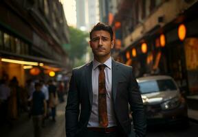 confident young businessman walking in the city photo