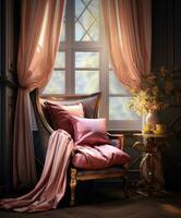 an old chair with cushions near a window, vintage style ,luxury, classic, kingdom,morning view photo