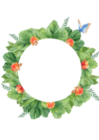 Floral card template with cloudberry leaves and berries, fern, blue butterfly. Round forest frame. For save the date, greeting cards, poster, anniversary, baby shower. Hand drawn png