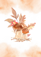 floral outono cartão modelo com Porcini cogumelos, carvalho folhas e ramo com vermelho flor, laranja aguarela salpicos. floresta mão desenhado botânico ilustração. para Salve  a data, cumprimento cartões png