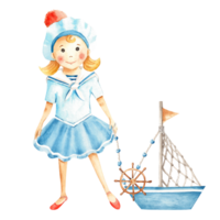 Cute little sailor girl in a marine dress with sea shell. Watercolour nautical illustration for children. Hand painted. For prints, fashion design, baby clothing, cards, posters, stickers. png