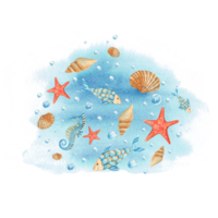 Under the sea round composition. Cute seahorse, fish, starfish, sea shells, water bubbles. Watercolor hand drawn illustration for children. For cards, posters, marine design. png