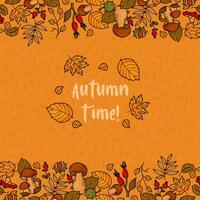 Autumn time. Seamless square border banner. Wild berries, forest mushrooms, chestnuts and colorful autumn leaves on orange background. Vector illustration for fall design, decor.