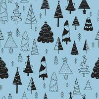 Seamless pattern of Christmas trees on light blue background. Vector illustrations. Modern New Year festive background decor in style of hand drawn doodles.