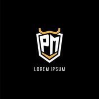 Initial PM geometric shield esport logo monogram design style vector