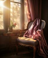 3d model of an old chair with cushions near a window, vintage style ,luxury, classic, kingdom,morning view photo