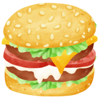 Set of hamburger drawings and ingredients. Watercolor style. png