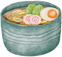 Japanese noodles with eggs, vegetables and Naruto fish balls watercolor style painting png